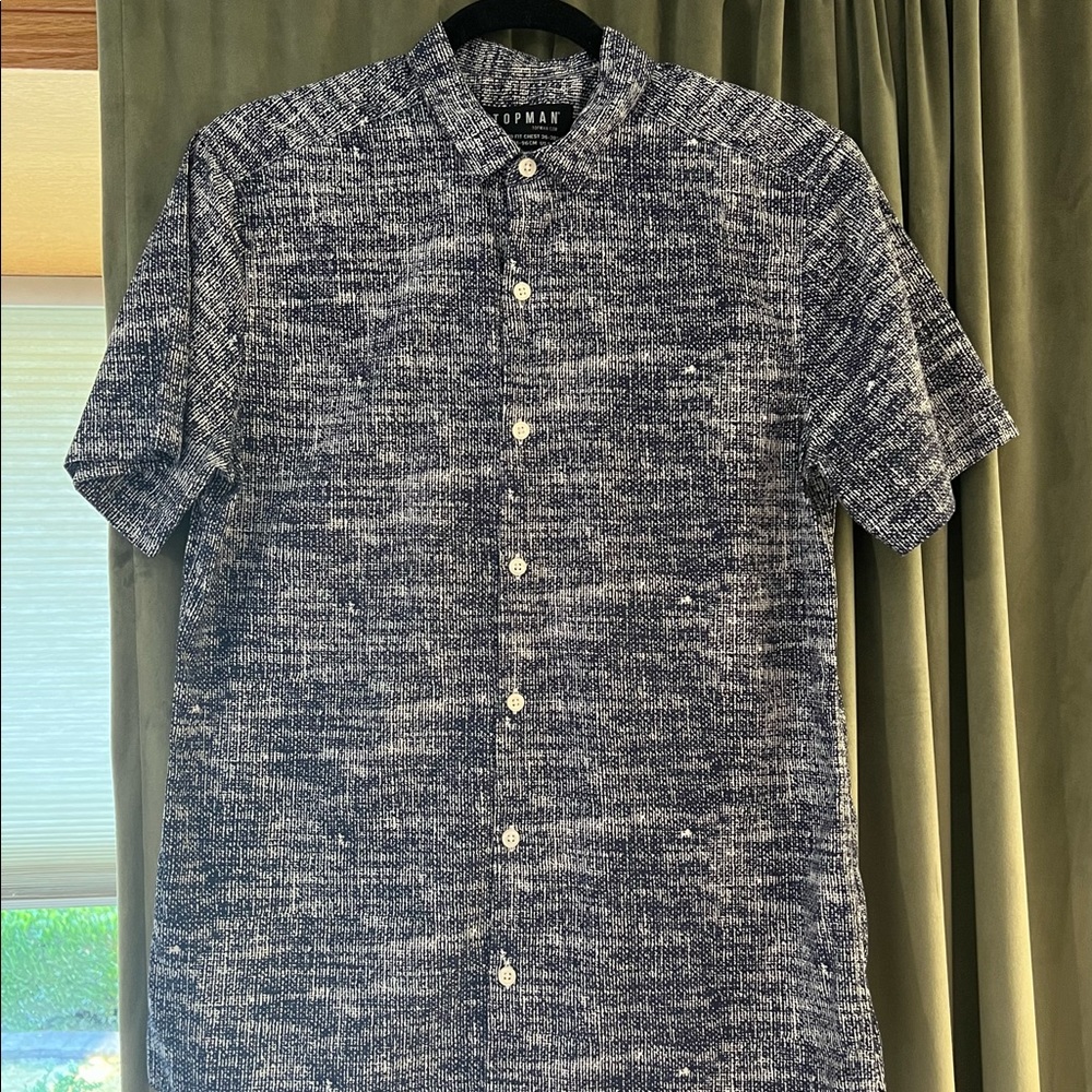 Topman navy & white minimal patterned short sleeve button up